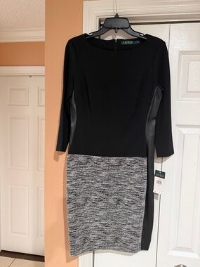 Lauren Ralph Lauren Black and Gray Ponte Sheath Dress with Faux-Leather Panels